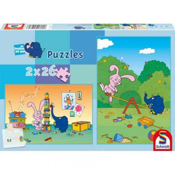 Puzzle 2 x 26 pièces - L'éléphant bleu : Jouer avec le lapin - Schmidt-55070