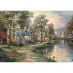 1000 Teile Holzpuzzle: Das Dorf am See - Thomas Kinkade