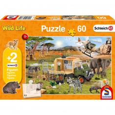 Puzzle 60 pièces avec 2 figurines Schleich : Sauvetage d'animaux aventureux