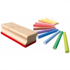 Colored chalks with blackboard eraser