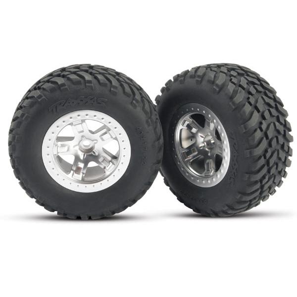 Tires & wheels, assembled, glued (SCT satin chrome wheels,(2) (front) - TRX5875