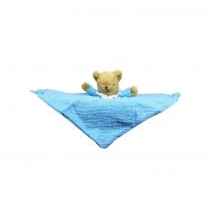 Schmusetuch mit dreieckiger Bärenrassel 20 cm – Himmelblaue Bio-Baumwolle