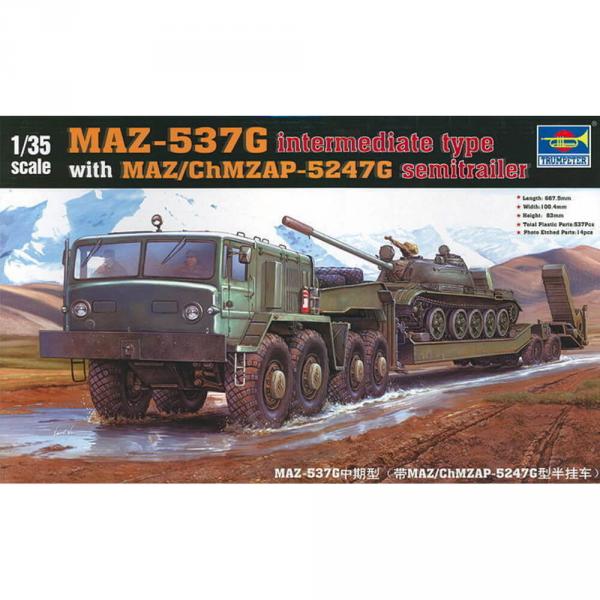 Maquette véhicule militaire : MAZ-537G type intermédiaire avec semi-remorque MAZ / ChMZAP - Trumpeter-TR00211