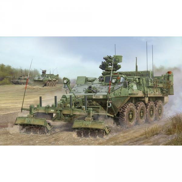 Maquette véhicule militaire : M1132 Stryker Engineer Squad Vehicle w / LWMR-Mine Roller / SOB - Trumpeter-TR01574