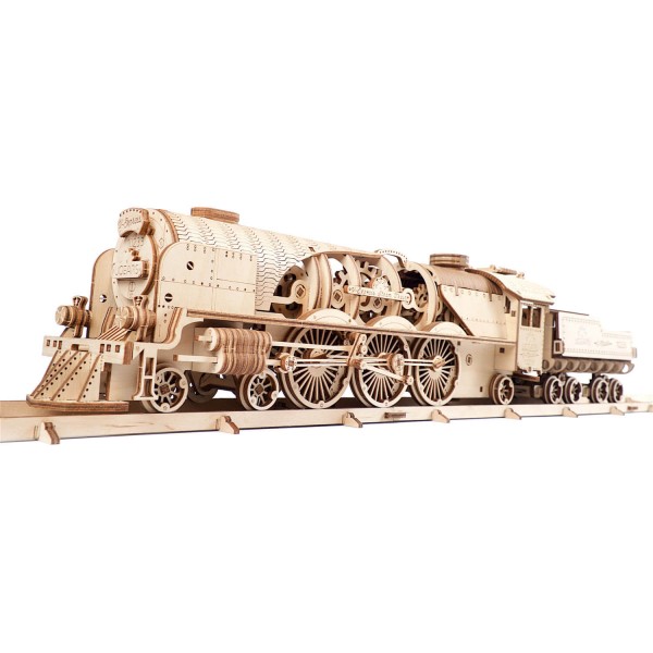 Maquette en bois : Train à Vapeur V-Express avec tendeur, modèle mécanique - Ugears-8412085