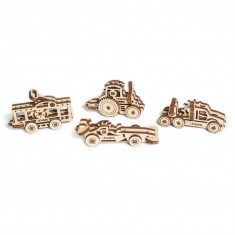 Wooden models of miniature vehicles: Tram, Tractor, Car, Truck