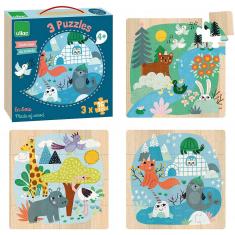 Wooden puzzles box 3x16 pieces Animals of the world - Vilac
