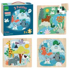 Coffret puzzles en bois 3x16 pièces : Animaux du monde